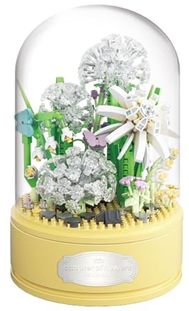 Sipobuy DIY Spieluhr Zum Bauen, 660-teiliges Blumenstrauß-Set Mit Staubdichter Kuppel – Kunstblumen-Sammlung, Konstruktionsspielzeug Für Heimdekoration (Löwenzahn)
