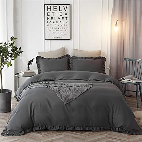 AShanlan Bettwäsche Rüschen 135x200 Dunkelgrau Grau Uni Einfarbig Romantisch Bettwäsche Set mit Rüschen Weich Mikrofaser Bettbezug mit Kissenbezug 40x80 cm Reißverschluss