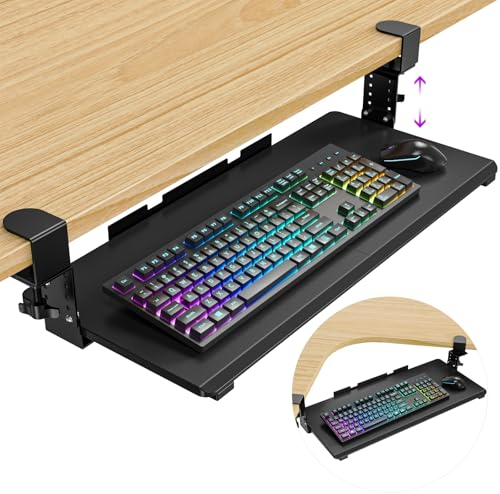Snughome Bandeja de teclado ajustable en altura debajo del escritorio, bandeja extraíble para teclado y mouse con abrazadera en C resistente para mesa en forma de L, 26.4 pulgadas (30.9 pulgadas