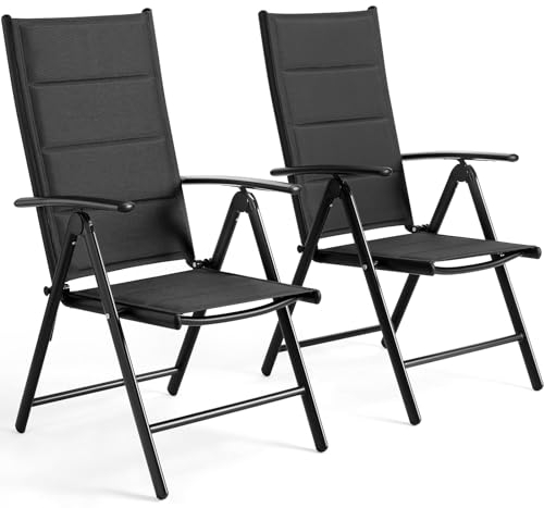 Gartenstühl Hochlehner Klappbar, 2er Set Aluminium Balkonstuhl,mit Gesteppte Rückenlehne & Sitzfläche,7-Fach Verstellbar,Bis 120 kg, Outdoor Esszimmerstuhl, Armlehnen Klappstuhl, Schwarz, 2 PCS