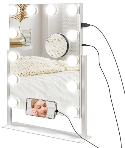 HOMCOM Hollywood Espejo de Maquillaje con Luz Espejo de Tocador Giratorio 30x40 cm con Bombillas LED Modos de Iluminación Ajustables Interruptor Táctil Soporte para Teléfono y Puerto USB Blanco