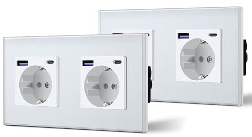BSEED Enchufe Doble Pared con 20W USB y Tipo C,Enchufe USB C de Cristal,Carga Rápida,3 en 1,Fácil Instalación,2 Enchufes-2 Pack,157mm Blanco