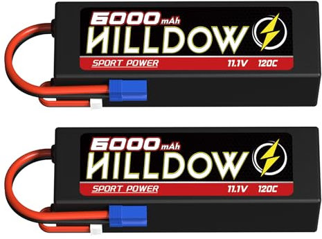 Hilldow 3S Lipo Lot de 2 batteries 6000 mAh 11,1 V 120 C RC avec connecteur EC5 pour véhicules télécommandés à l'échelle 1/8 1/10