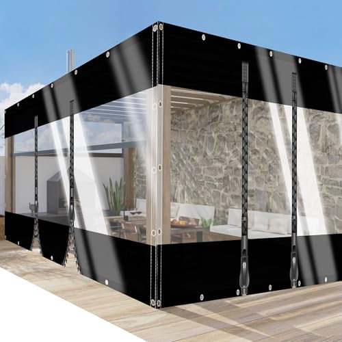 SSFMSF Bâche Transparente avec Œillets Rideaux D'extérieur Extérieure Multifonctionnelle avec 2 Fermetures Éclair, pour Extérieur Jardin Balcon Pergola. (H:2m*W:2.5m | 500g/m²) Noir + Transparent