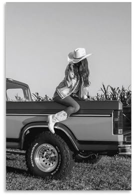 QZFNCOYU Klassischer Auto-Druck auf Cowgirl, Vintage, Schwarz-Weiß, Kunstposter, Leinwand, Poster, Schlafzimmer, Dekoration, Landschaft, Büro, Raumdekoration, Geschenk, 40 x 60 cm