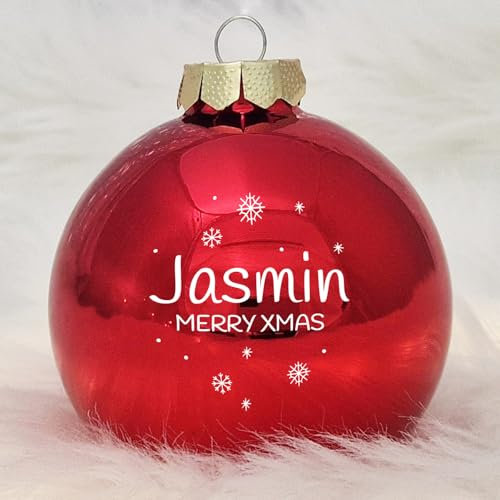 Deine personalisierte Weihnachtskugel | Christbaumkugel mit eigenem Foto und individuellem Wunschnamen, Echtglas 8 cm (01_Rot, 2 Seitig (Foto + Text))