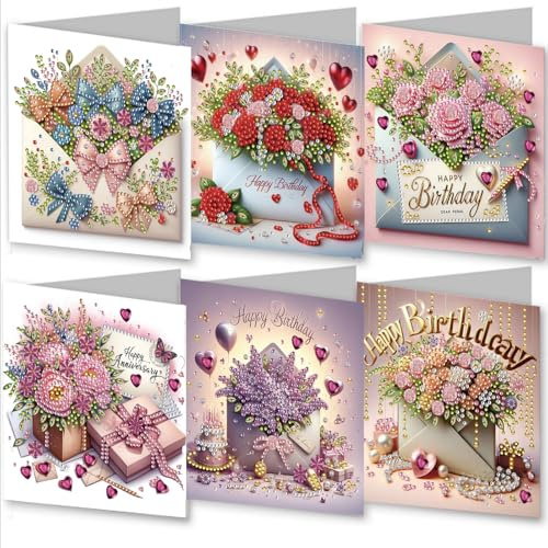 Awesocrafts 6pcs Diamond Art Christmas Cards Kits Flowers, DIY Diamond Painting Cards Sets, 5D Diamond Art Cards with Envelopes, Postcards for Handmade, Xmas 30 * 15cm (Flowers)