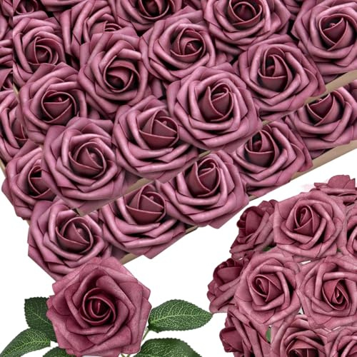 LCiclly 50 rose finte in schiuma, con steli, 12 foglie, dall'aspetto realistico, per bouquet da sposa, centrotavola, composizioni per feste, decorazioni fai da te (50, rosa polvere)