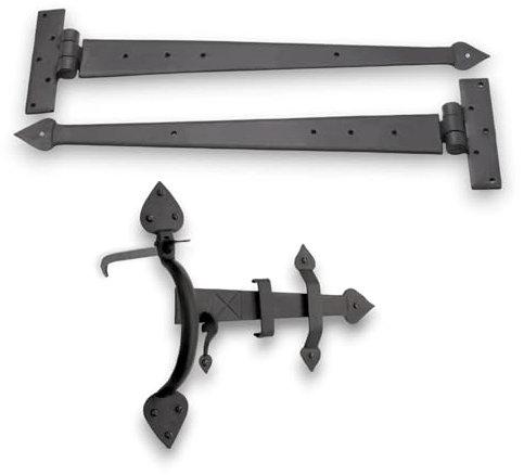 Infinity Decor Hand Forged 18” Gothic T Hinge Arrow End & Suffolk Latch Door Kit Beeswax– Wrought Iron Wooden Gate Kit for Garden Gate, Shed, Barn