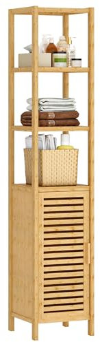 sogesfurniture Armoire de salle de bain, haute, en bambou, avec 4 étagères et porte à lamelles, armoire de rangement pour salle de bain, salon, cuisine, 34 x 33 x 170 cm