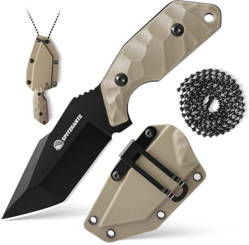 SPITZKANTE Neck Knife X-TAN-K, Kleines Full Tang Messer mit 7,8 cm Tanto-Klinge aus 5Cr14MoV Stahl, EDC Outdoor Messer Feststehend, mit ABS Scheide, Kugelkette, Klinge Schwarz-Khaki Griff
