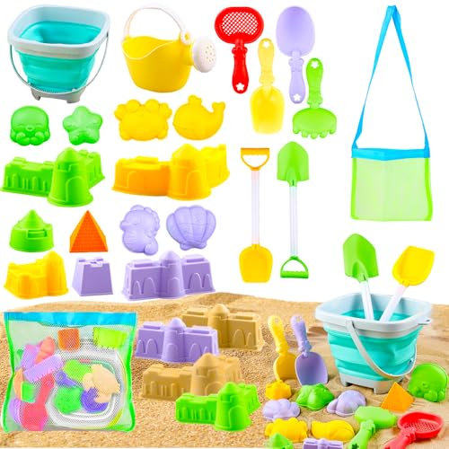Rppiup 21pcs Sand Toys, Foldable Bucket and Spade Beach Set Kids, Sand Pit Toys with Shovels Kettle Rake Sifter and Animal Soft Molds, Beach Toys for Toddlers Age 1-5, For Camping & Outdoor Play