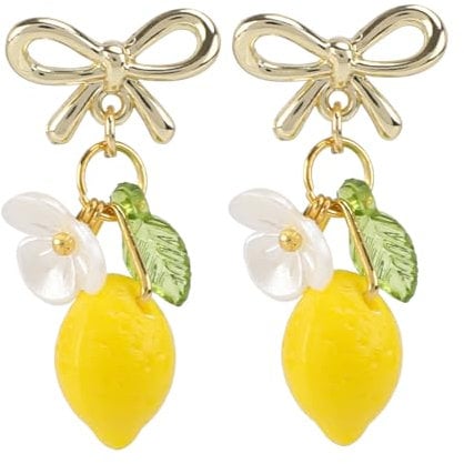 Lemon Bow Earrings for Woman, Cute Yellow Lemon Dangle Hook Food Earrings with Gift Box Stylish Fruit Jewelry Gift for Birthday Parties & Cosplay