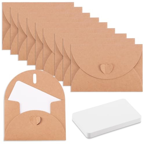 25 PCS Kraftpapier Umschläge mit 25 Blanko-Papierkarten Vintage Mini Kraftpapier Umschläge Blanko-Karten Kleine Briefumschläge mit Herz-Papier-Verschluss für Dankeskarten, Einladungen, Geburtstagskart