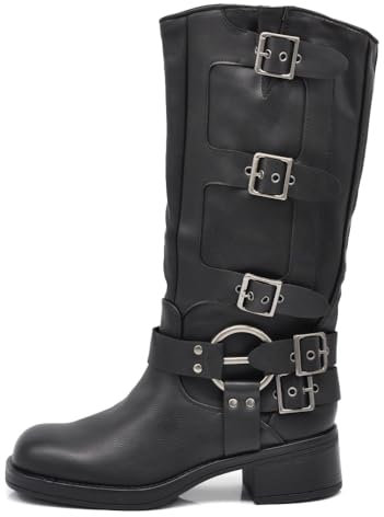 IF Fashion Scarpe Stivali da Donna Al Polpaccio Ginocchio Stile Biker Punk Rock Motociclista con Fibbia Multipla 730-3 nero N.38