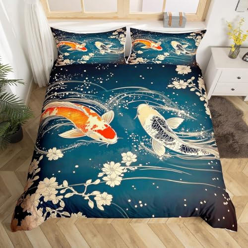 Homemissing Japanische Koi Carp Bettwäsche Set 155x220cm Traditionelle japanische Ukiyoe Bettbezug mit Reißverschluss Sakura Blume mit Kopfkissenbezug Anime Bettwäsche-Set