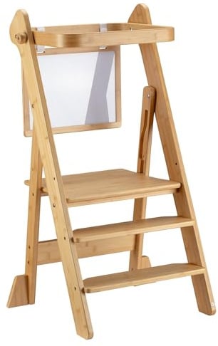 Wiltec Kinderstuhl Lernturm klappbar 43 x 48 x 91 cm aus Bambus, höhenverstellbarer Lernstuhl für Kinder, Stehturm mit Schutzgeländer