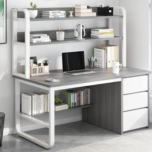 Office Desk with Hutch and Bookshelf, 3 Drawer Industrial Writing Table Workstation for Computer