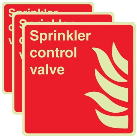 V Safety Photoluminescent Sprinkler Control Valve - Square Safety Sign - 100 x 100 mm - Self Adhesive Vinyl - Standard Glow (Pack of 3)