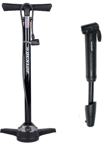 Dunlop Pompe à Vélo avec Manomètre et Mini Pompe Vélo Set - Pompe sur Pied 180 PSI avec Adaptateur - Pompe Compacte pour Déplacement - Compatible Presta Dunlop Schrader - Noir