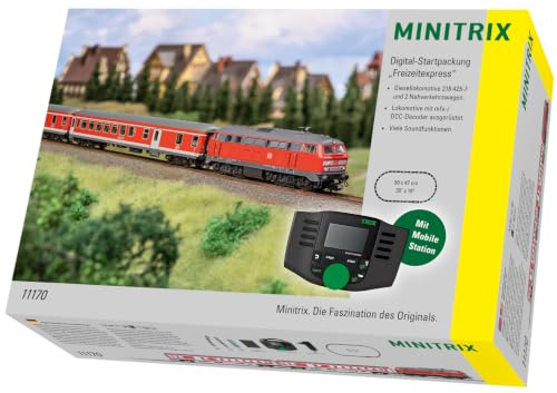Minitrix 11170 Digital-Startpackung „Freizeitexpress“ Spur N (1:160) – Digitale Modelleisenbahn mit Diesellokomotive, mfx & DCC Decoder, Sound, Mobile Station, Gleisoval, Epoche VI