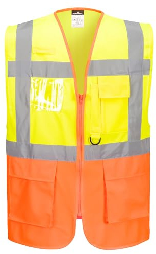 Portwest S376 Prague Hi-Vis Executive Vest Front Zip Opening Dual ID Holder | Yellow/Orange, X Large, EN ISO 20471 Class 2, Two Lower Patch Pockets, Reflective Tape, 2 Side Pockets, Radio Loop, Security