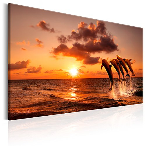 B&D XXL - Wandbilder XXL Delfine 90x60 cm 1 tlg - Wand Deko Vlies Leinwand Bilder Groß Wanddeko Wohnzimmer Schlafzimmer Kunstdrucke - Tier Meerslebens Natur Meer See Sonnenuntergang