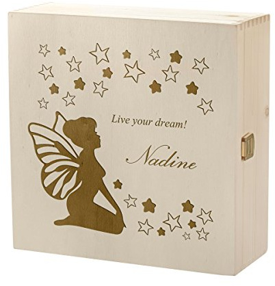 polar-effekt Aufbewahrungsbox mit Gravur - Große Holzkiste mit Deckel Natur 27x27cm – Geschenk für Mädchen Spielzeug-Truhe - Holzbox Allzweck-Kiste aus Holz - Motiv live Your Dream, kleine Fee