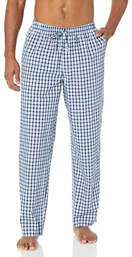 Amazon Essentials Pantaloni da Pigiama in Tessuto vestibilità Dritta con Tasche Uomo, Blu Chiaro Bianco Motivo Scozzese, S