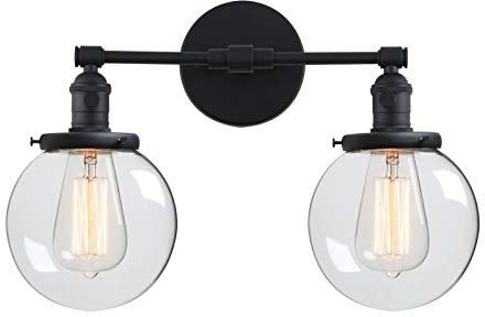 Phansthy Vintage Wandleuchte industrie Wandlampe 2 Flaming Klarglas Wandbeleuchtung,Loft-Wandlampe Küchenwandleuchte Retro Design Spiegelleuchte Schlafzimmerleuchte Küchenwandleuchte (Schwarz Farbe)