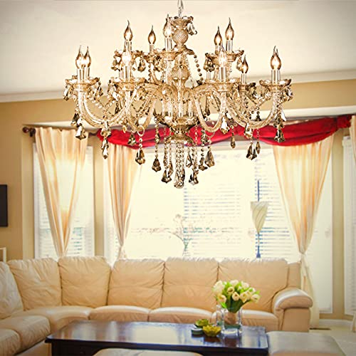 TRY-YEAN Moderno Lampara Cristal Colgante 15 Luces Lámparas Techo Lagrimas K9 Cristal Lampara Araña Coñac E14 para Sala Habitación Pasillo Entrada