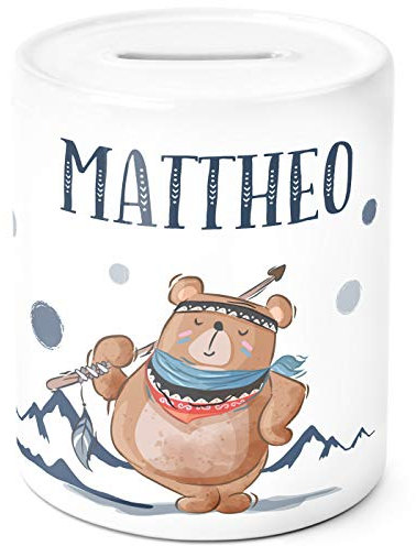 SpecialMe® Kinder Spardose mit Namen Boho Bär personalisierte Sparbüchse Sparschwein Keramik weiß Unisize