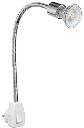 ledscom.de Steckdosenlampe LESCH Leselampe Schwanenhals, Schalter, Chrom inkl. GU10 LED Lampe PAR5,4W 510lm 50° warm-weiß