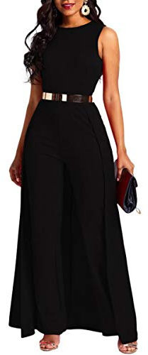 VERWIN Damen-Overall, Patchwork-Overlay, verziert, einfarbig, hohe Taille, ärmellos, Schwarz, Large