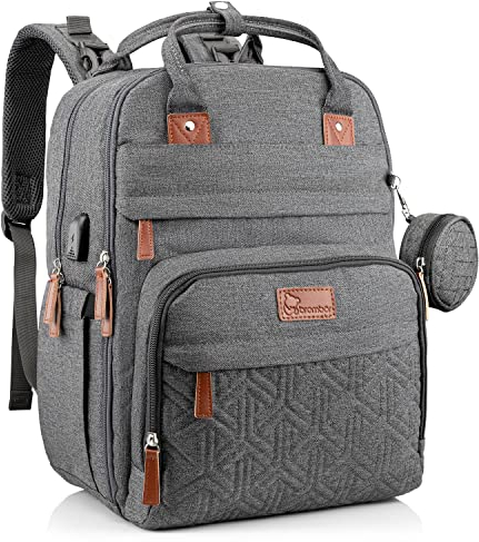 Brombär Wickelrucksack Schwarz mit Kinderwagenhaken und vielen Fächern (Grau)