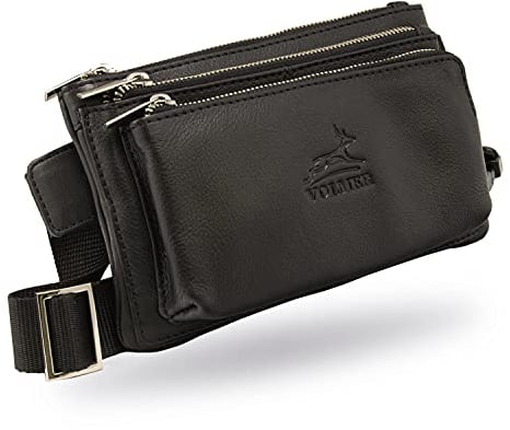 Fa.Volmer ® Bauchtasche/Gürteltasche/Hüfttasche aus robustem Rindsleder I Damen und Herren I klassisch, edler Look I Große Fächer und sicherer Reißverschluss I Schwarz I Modell: Denver