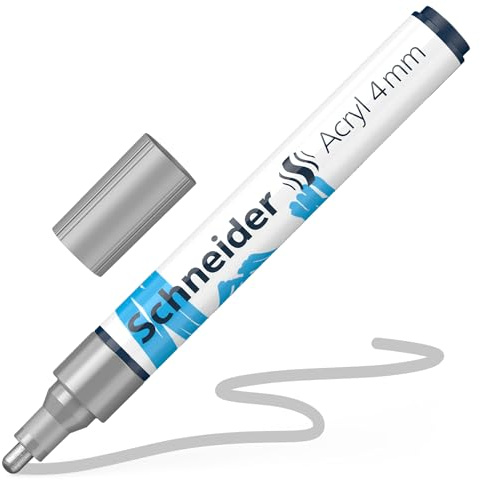 Schneider 120254 Paint-It Acrylstift (mit 4 mm Rundspitze, hochdeckende Acrylfarben für Holz, Leinwand, Stein uvm.) 1 Stück, silber