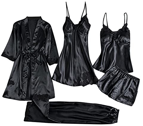 LAOLUO Ensemble de Pyjama Femme Sexy Satin Lingerie Confortable, Robe de Chambre Peignoir de Satin avec Ceinture, Bretelle Nuisette Chemise de Nuit, Hauts, Shorts, Pantalon, Lot de 3/4/5