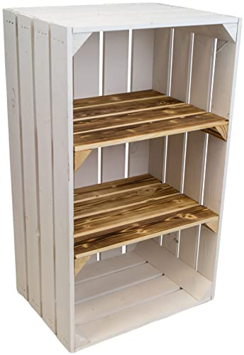 Kistenkolli Altes Land hohe Holzkiste Willi mit Zwei Zwischenbrettern 68x40x30cm HxBxT Schuhregal Bücherregal Nachttisch (1er Set, Weiss geflammte Bretter)