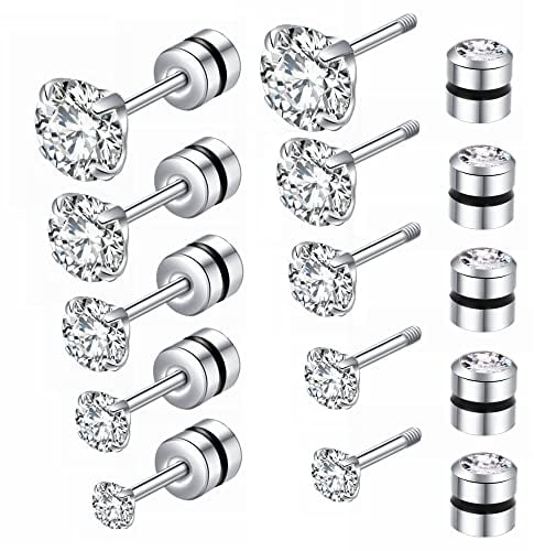 ZOCOYUU 5 Pair Titanium Screw Back Stud Earrings Set for Women Girls, Hypoallergenic Surgical Steel 5A Cubic Zirconia 20G Helix Piercing Jewelry Cartilage Earrings for Sensitive Ears Sleeper Studs