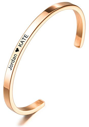 MeMeDIY Bracelet Personnalisé Gravure ID D'Identification de Nom Personnalisé pour Hommes Femmes Filles Garçons en Acier Inoxydable Bracelet Manchette Réglable(4mm Or-Rose)