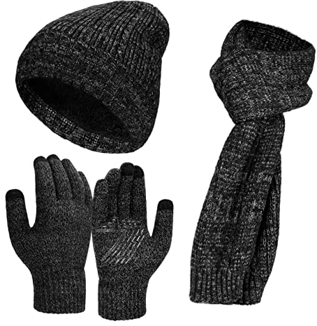 Atarni Wintermütze Schal Touchscreen Handschuhe Set - Unisex Beanie Mütze Fleece Warme Haube Winterschal Kaschmir Strickmütze Strickschal Thermo Rutschfeste Handschuhe für Herren 3-in-1 Winterset