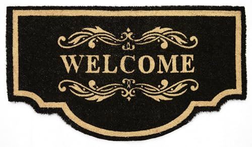 Casa Service WELCOME Zerbino Cocco Naturale Sagomato Mezzaluna 50x90 cm Fondo Gomma PVC per ingresso Resistente Lavabile Antiscivolo (Black B)