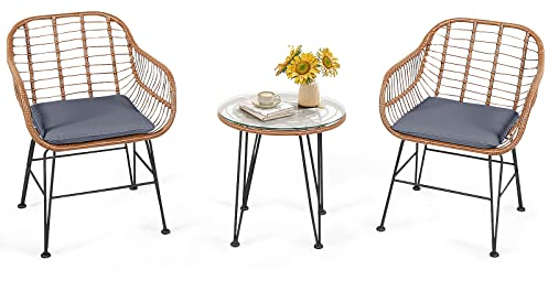 COSTWAY Moderne Gartenmöbel, mit weichen Sitzkissen, Bistro-Set 3-teilig, mit rundem Tisch und 2 Stühlen aus Rattan, für Terrasse, Stuhllast 180 kg, Tisch 75 kg, für den Innen- und Außenbereich (grau)