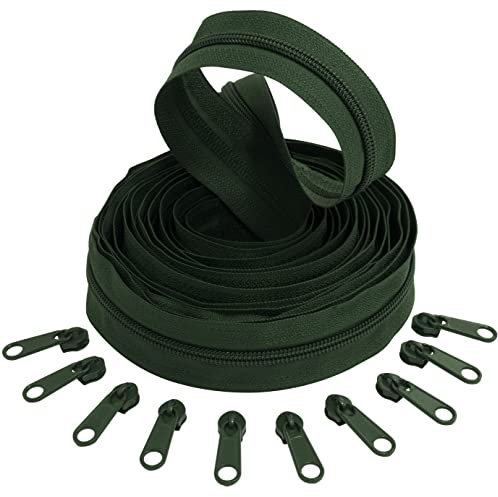 Aerzetix - C62688x5-C62843x10 - Kit di Cerniera Lampo Spirale 5m N°5 Colore: Verde Scuro + 10 cursori N°5 Non bloccabile Colore: Verde Scuro - in Nylon/Metallo - merceria