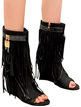 Dasongff Bottes d'été Talon Compensé Femme Bout Ouvert Sandale à Glands Ete Wedge Sandales Bottes Indiennes Beige Frange Nu Pieds Compensees Botte mi-Mollet Santiags Western Bottes de Cowboy