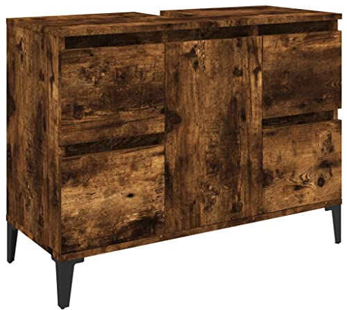 vidaXL Waschbeckenunterschrank, Badschrank mit 4 Schubladen 1 Fach, Waschtisch Unterschrank mit Metallfüßen Tür, Schrank Badunterschrank Badmöbel, Räuchereiche Holzwerkstoff
