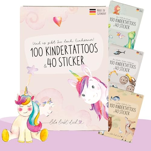 lila liebt dich® 140 angesagte Sticker & Tattoo Kinder Motive mit Einhorn & Regenbogen // Kindertattoos hautfreundlich & getestet // LLD-MTAT-UNI