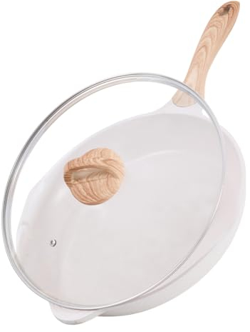 JEETEE Padella Antiaderente in Alluminio 32 cm Con Coperchio, Granito-Antiaderente Rivestimento, Maniglia in bachelite, Compatibile Tutti Fornelli y Induzione, Senza PFOA, Beige