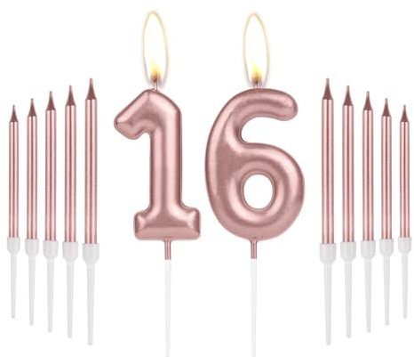 Girls 16th Birthday Decorations - Number 16 Rose Gold Long Candles for Cake Toppers - Perfect for Women's Birthday Parties & 16th Wedding Anniversaries